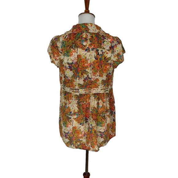 Appareline Silk Bright Floral Top Abstract Print Cap Sleeve Medium - Picture 4 of 5